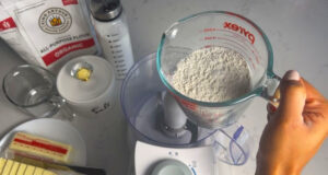 blend all ingredients of pie crust in the blender, blend half recipe at a time
