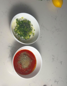prepare the sauce by mixing all ingredients in there, chilled the yogurt sauce until you are ready to serve, cook the marinara sauce to maximize the flavor.