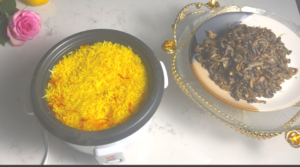 yellow rice and sauteed mushrooom