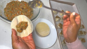 put 1 teaspoon of meat mixture into the dumpling wrappers