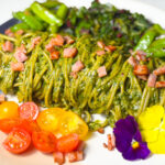 Swiss Chard Pesto Pasta with ham and saute garden mix