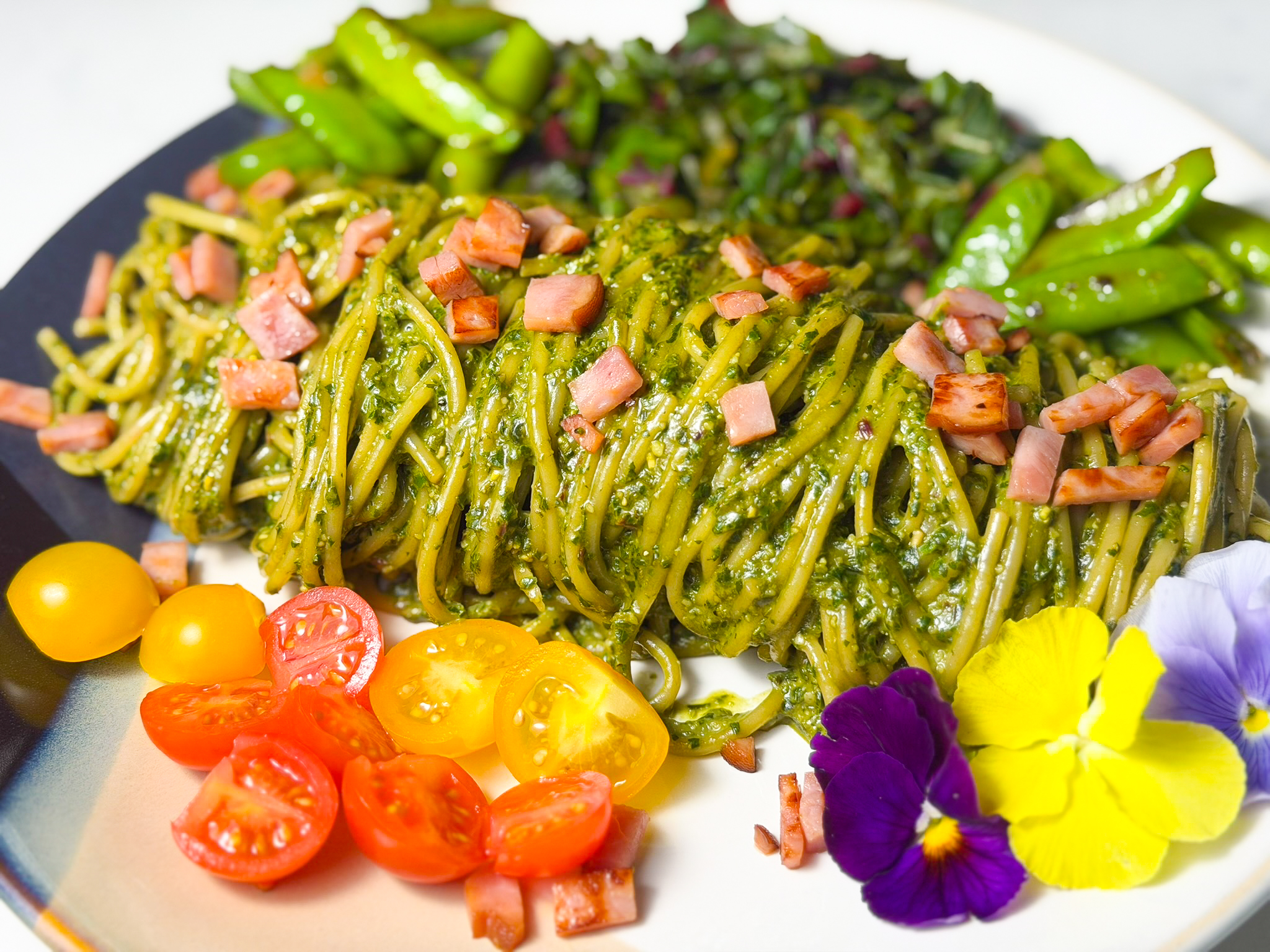 Swiss Chard Pesto Pasta with ham and saute garden mix