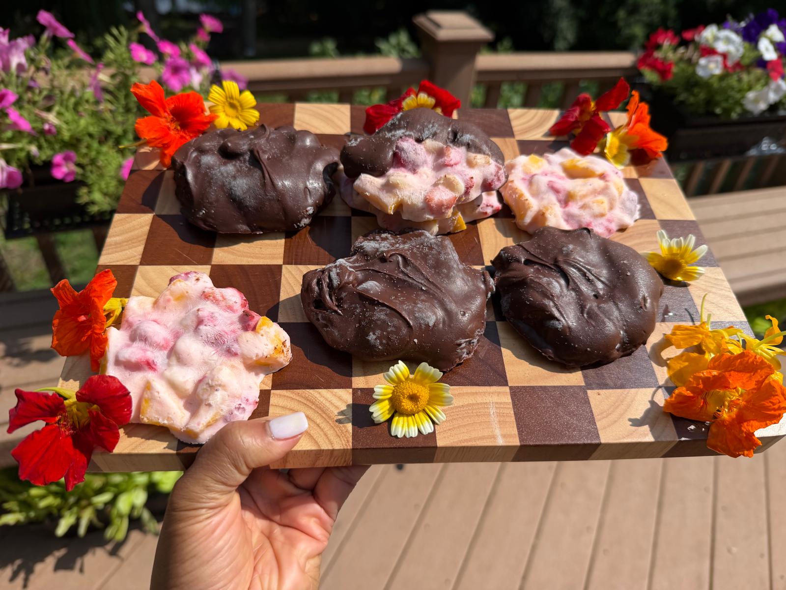 Chocolate-covered Frozen Yogurt with Garden Strawberries Mango Banana