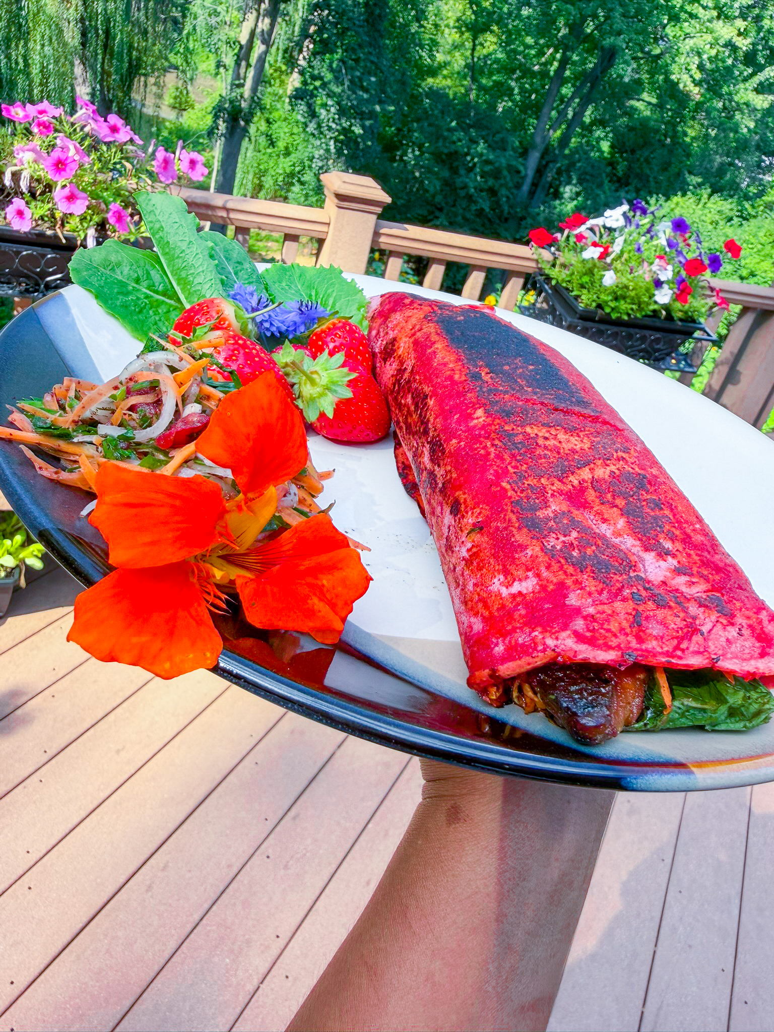 Mackerel grilled fish with homemade beetroot wrap from the garden